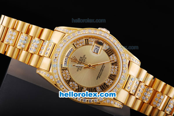 Rolex Day-Date Automatic With Golden Dial-Diamond Bezel and Roman Marking - Click Image to Close